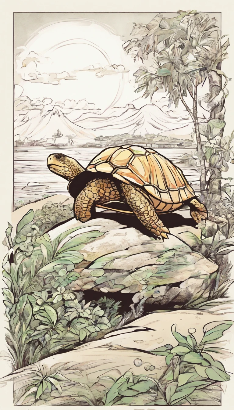 A drawing of a turtle walking on a rock in the grass - SeaArt AI