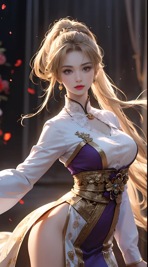 1 beautiful girl in Han costume, white thin purple silk shirt with a lot of texture, white lace top, long purple platinum ponyta...