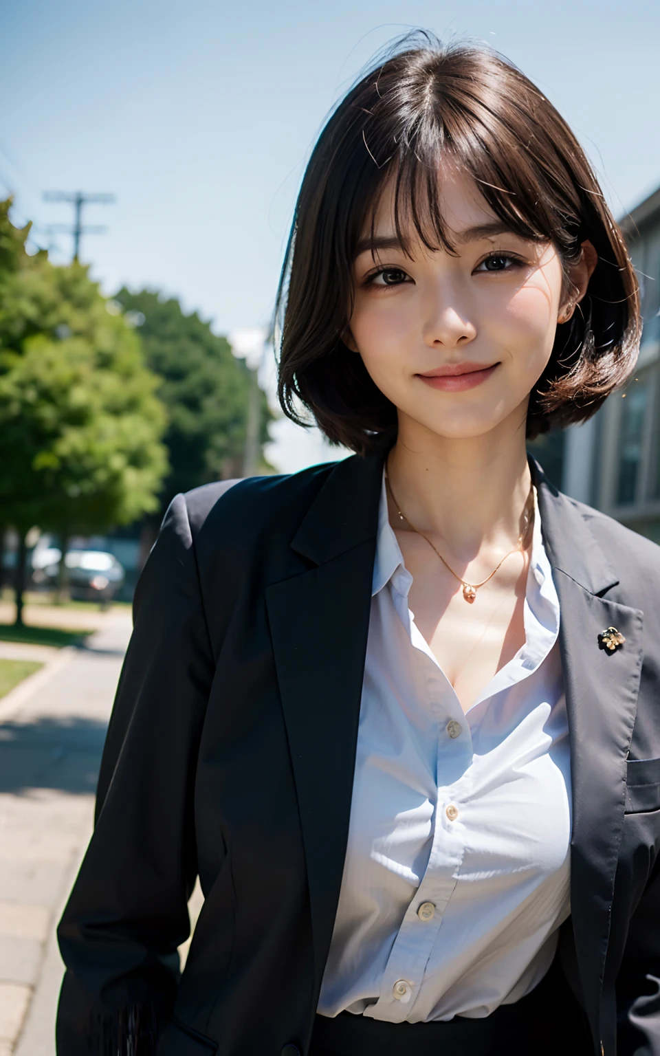 (masutepiece:1.3), (8K, Photorealistic, Raw photography, Best Quality: 1.4), Soft light, Professional Lighting, 1girl in,  , Neat and clean beauty, Closed mouth, Smile, Brown Short Hair, Bangs, Outdoors、40 years、Dressed in a suit、Career Woman　Female in her 40s