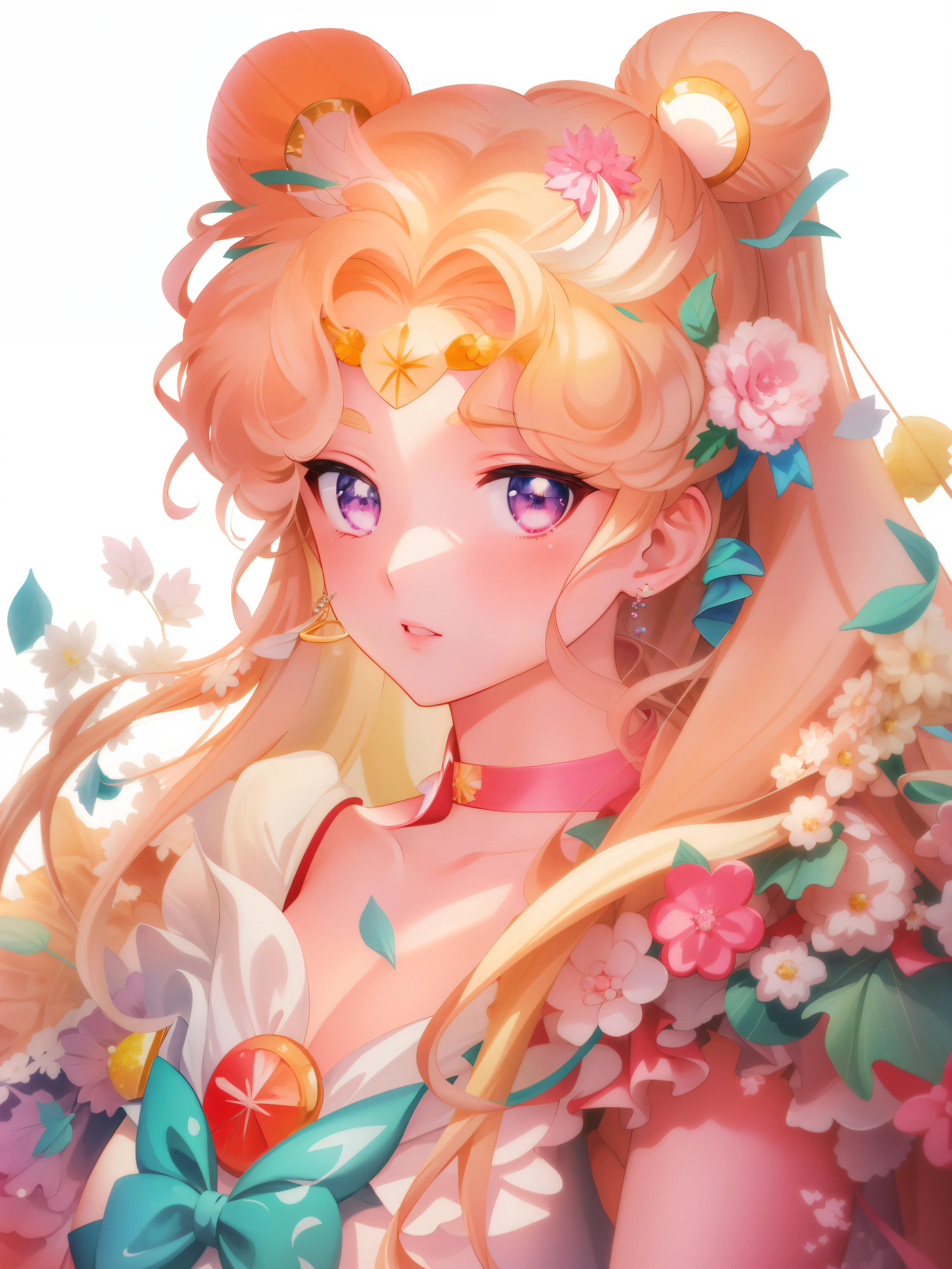 animemanga girl，Flowers on the hair，A bow is worn around his neck, Detailed digital anime art, made with anime painter studio, Beautiful anime, Anime goddess, beautiful anime art style, Anime princess, the sailor moon. Beautiful, a beautiful anime portrait, Digital anime art, drawn in anime painter studio, Beautiful anime art, Anime art wallpaper 4 K, Anime art wallpaper 4k