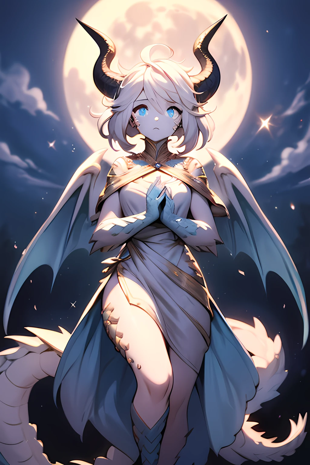 1girl, highly detailed, glowing blue eyes, wavy short white hair, ornate dress, masterpiece, pale blue scales, scales on face, angel wings, medium chest, dragon horns, slender clawed hands, under the moon