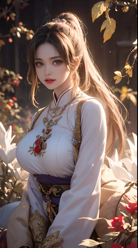 1 beautiful girl in Han costume, white thin purple silk shirt with a lot of texture, white lace top, long purple platinum ponyta...