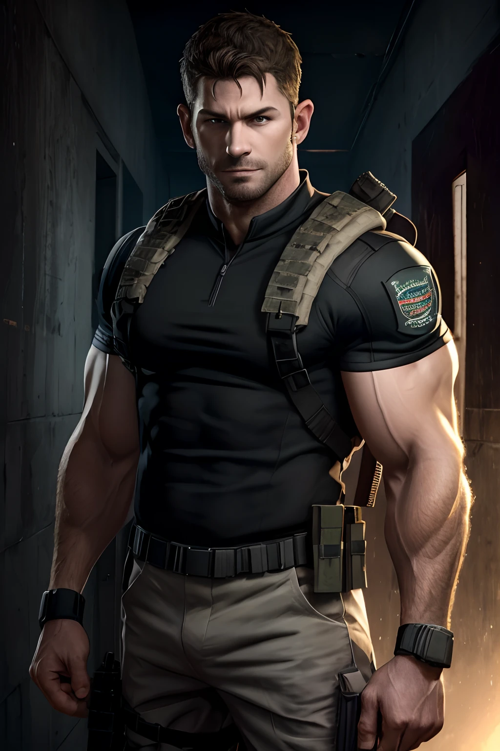 1 man, solo, 45 year old, Chris Redfield, is wearing a uniform military, smirks, looking at the camera, black color on the shoulder and a bsaa logo on the shoulder, military tactical suit, equipment, tall and hunk, biceps, abs, chest, best quality, masterpiece, high resolution:1.2, upper body shot, dark black gloomy hallway with not background