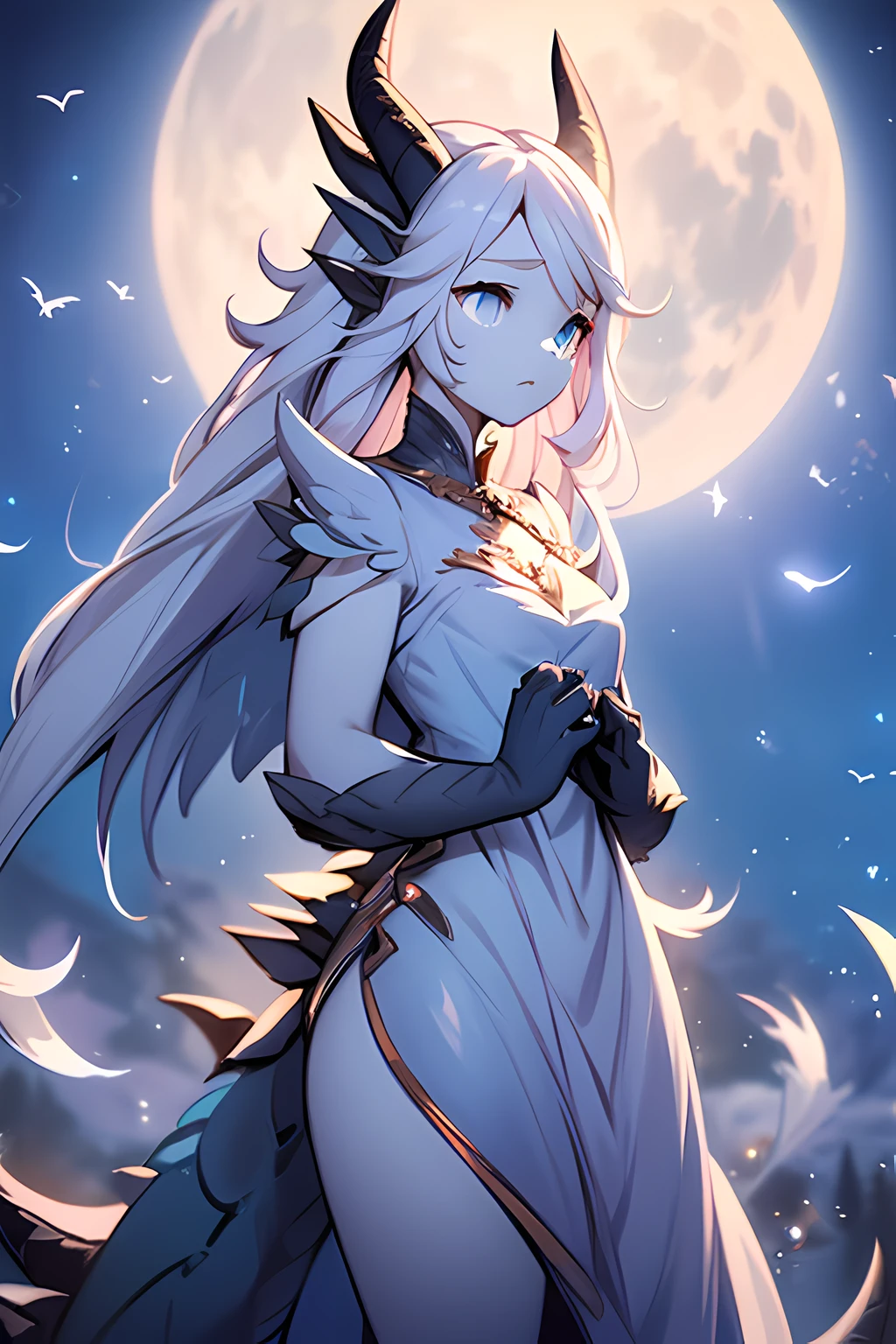 1girl, highly detailed, glowing blue eyes, wavy short white hair, demure ornate dress, masterpiece, pale blue scales, lots of pale blue scales on face, angel wings, medium chest, dragon horns, slender clawed hands, under the moon, slender, weredragon, [feathered wings]