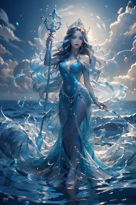 "(masterpiece: 1.2), 8k uhd resolution, water goddess, standing ethereal amidst a vast shimmering ocean. her silhouette merges w...