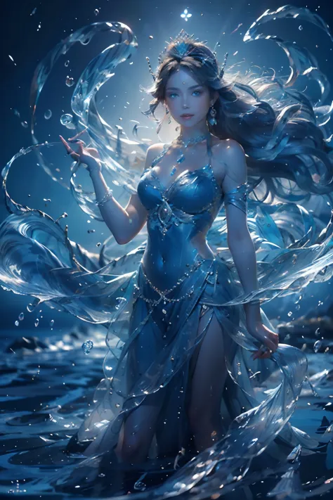 "(masterpiece: 1.2), 8k uhd resolution, water goddess, standing ethereal amidst a vast shimmering ocean. her silhouette merges w...