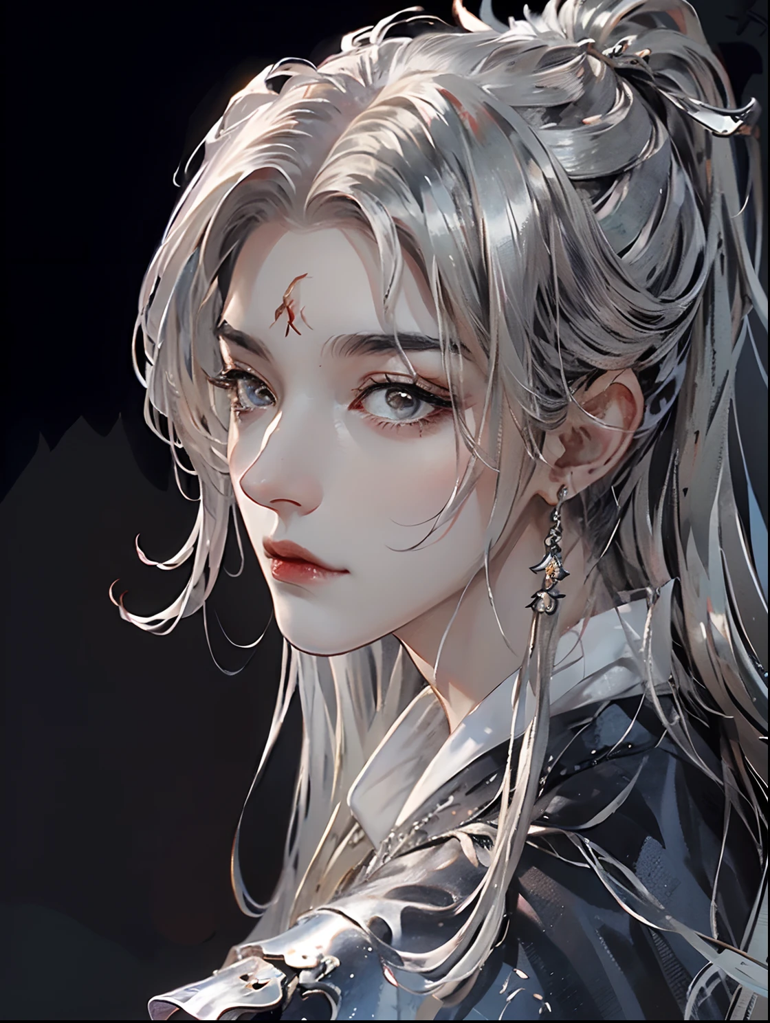 (Extremely Delicately Beautiful:1.2), 8K, (tmasterpiece, Best:1.0), , (Long_Silver_Hair_Male:1.5), Upper body body, A delicate facial feature，A man with crimson eyes, Enchanting face，cool and seductive, Blackened，demoness，Evil_Gaze, Wear red Hanfu, and intricate detailing, and intricate detailing, finely eye and detailed face, Perfect eyes, Amber eyes, Fantastic lights and shadows、white room background、 Uses backlight and rim light