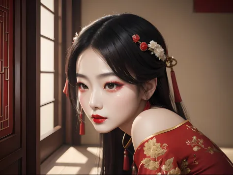 Woman with red lipstick, tearful,inspired by Luo Mu, inspired by Yao Tingmei, 张曼玉, Traditional beauty, Inspired by Huang Ji, inspired by Li Mei-shu, inspired by Park Hua, Inspired by Lan Ying, inspired by Lü Ji, tang dynasty,Masterpiece,Best quality,High d...