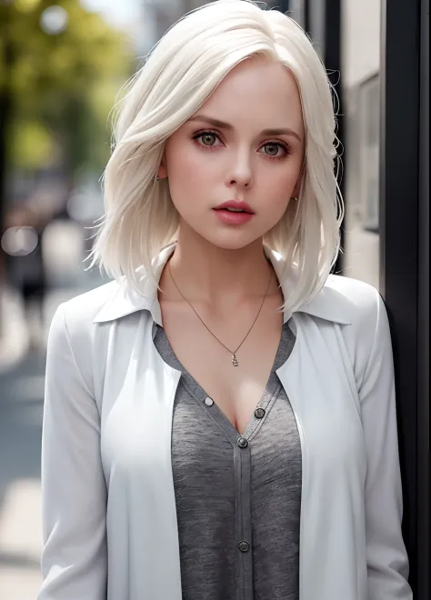 liv moore, 1girl, solo, blonde hair, white hair, jewelry, jacket, necklace, parted lips, blurry, realistic, upper body, blurry b...