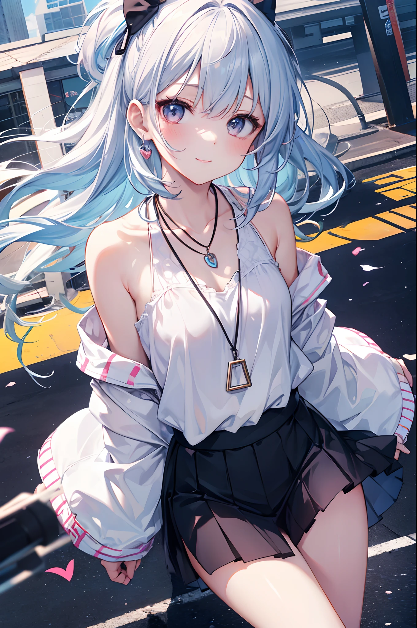 (masutepiece, Best Quality:1.2), 1girl in, Solo, Cute, kawaii, digitalart、Aimei、(long, Beautiful, Blue hair.Flowing in the wind)、trainers、a miniskirt、Red Lip、Urban hustle and bustle、Go out on a date,during daytime, Bright smile, Silver hair(Short)、glistning skin、Small-faced beauty, Heart-shaped necklace,High Angle Lens、perfect-composition、Perfect light and shadow delicacy、in 8K