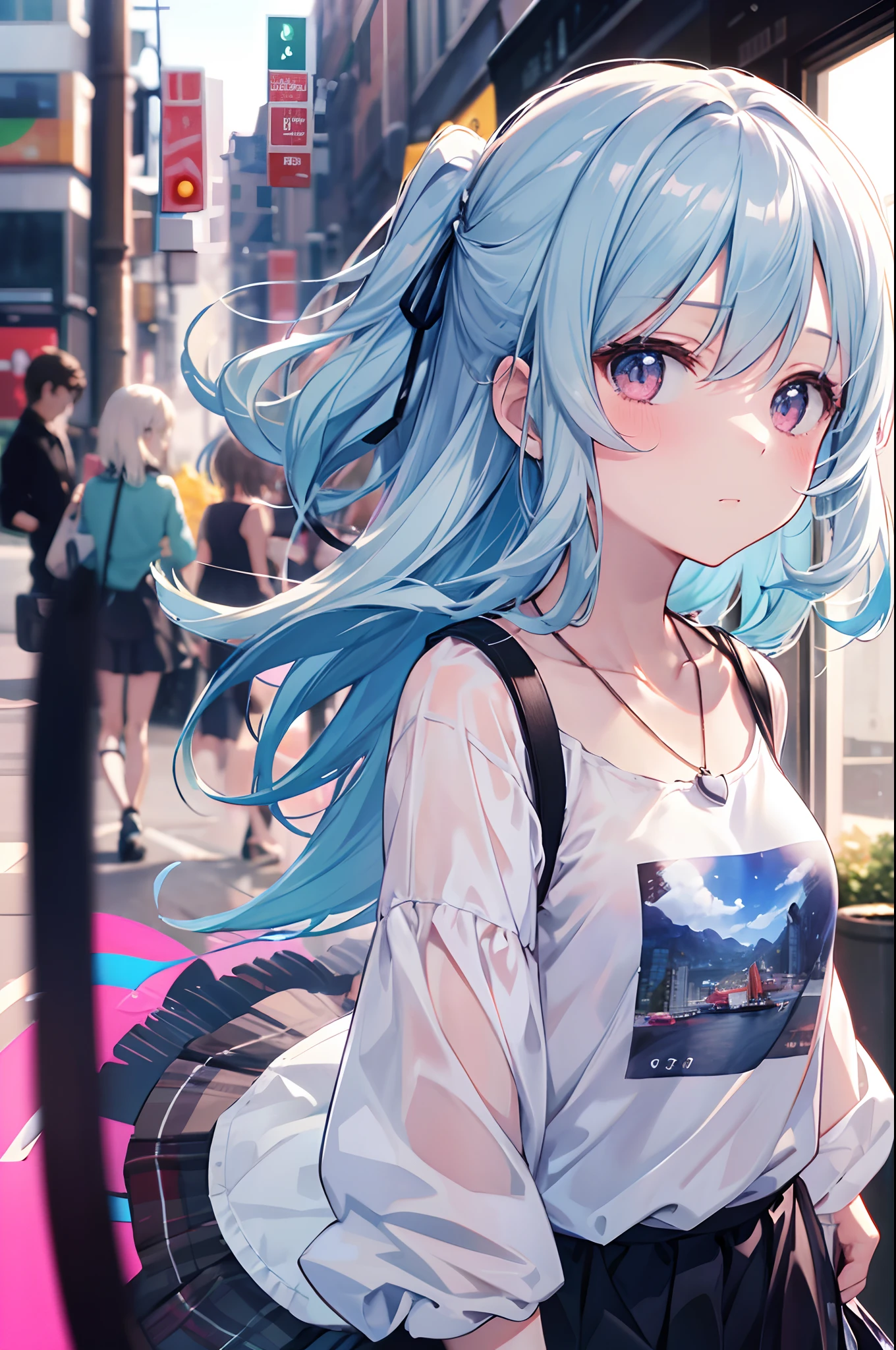 (masutepiece, Best Quality:1.2), 1girl in, Solo, Cute, kawaii, digitalart、Aimei、(long, Beautiful, Blue hair.Flowing in the wind)、tshirts、a miniskirt、Urban hustle and bustle、Dating Arrangements,during daytime, Embarrassed expression, Silver hair(Short)、glistning skin、Small-faced beauty, Heart-shaped necklace,Low Angle Lens、perfect-composition、Perfect light and shadow delicacy、in 8K