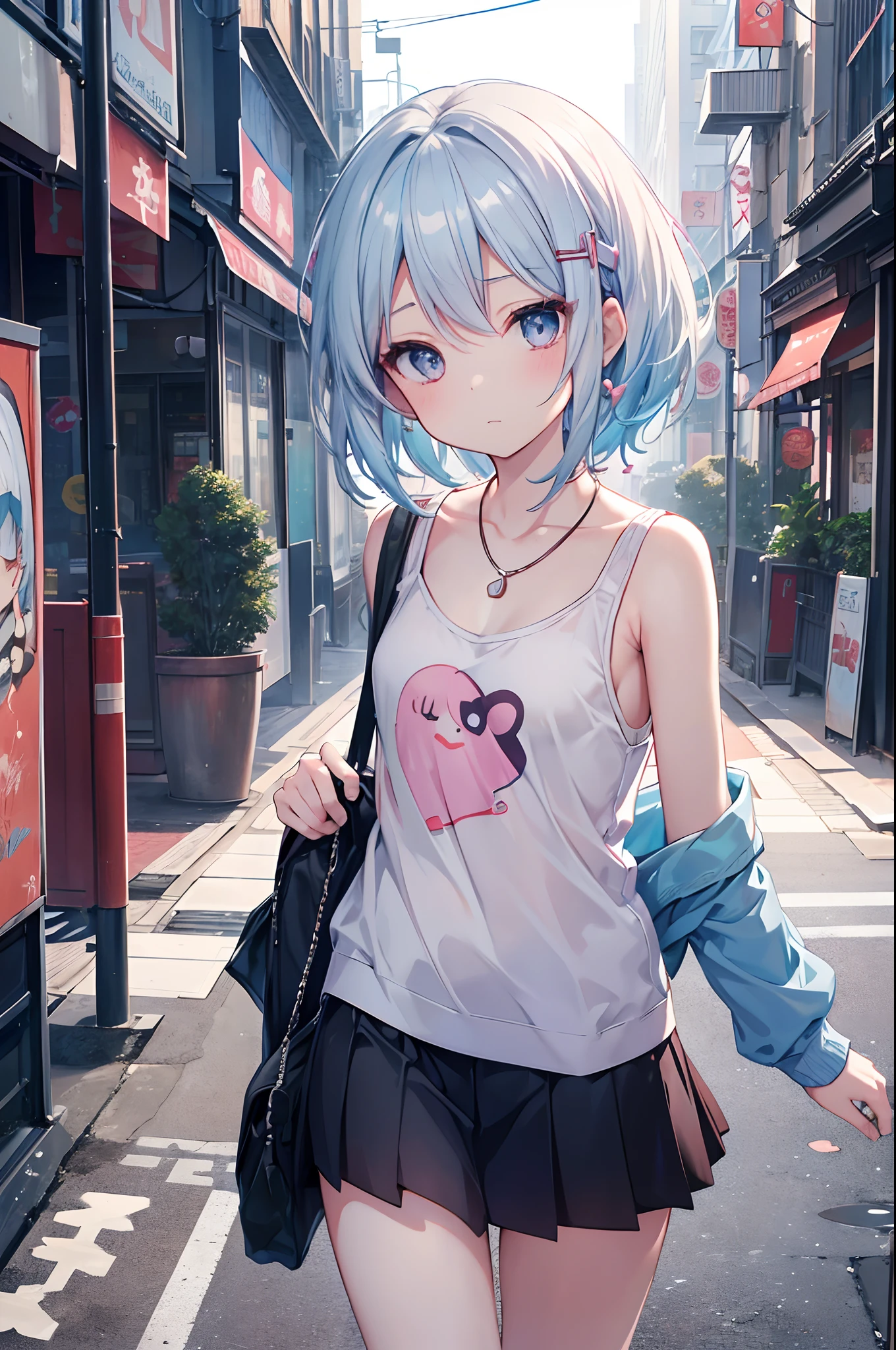 (masutepiece, Best Quality:1.2), 1girl in, Solo, Cute, kawaii, digitalart、Aimei、(long, Beautiful, Blue hair.flowing in the wind)、Short tank top、a miniskirt、Urban hustle and bustle、Meeting up for a date、Colorful cyberpunk city background,during daytime, Embarrassed expression, Silver hair(Short)、glistning skin、Small-faced beauty, Heart-shaped necklace,Low Angle Lens、perfect-composition、Perfect light and shadow delicacy、8K