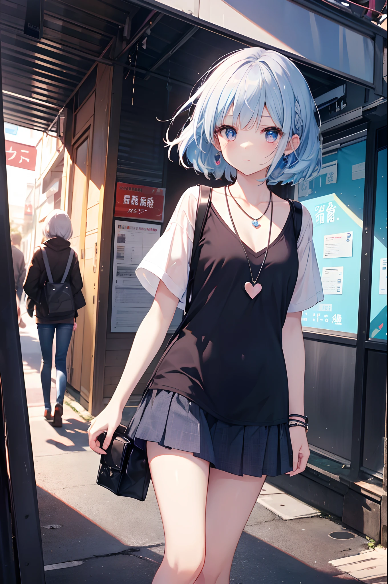 (masutepiece, Best Quality:1.2), 1girl in, Solo, Cute, kawaii, digitalart、Aimei、(long, Beautiful, Blue hair.Flowing in the wind)、tshirts、a miniskirt、Urban hustle and bustle、Meeting for a date,during daytime, Embarrassed expression, Silver hair(Short)、glistning skin、Small-faced beauty, Heart-shaped necklace,Low Angle Lens、perfect-composition、Perfect light and shadow delicacy、in 8K