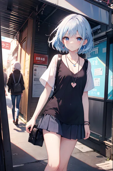 (masutepiece, Best Quality:1.2), 1girl in, Solo, Cute, kawaii, digitalart、Aimei、(long, Beautiful, Blue hair.Flowing in the wind)、tshirts、a miniskirt、Urban hustle and bustle、Meeting for a date,during daytime, Embarrassed expression, Silver hair(Short)、glist...