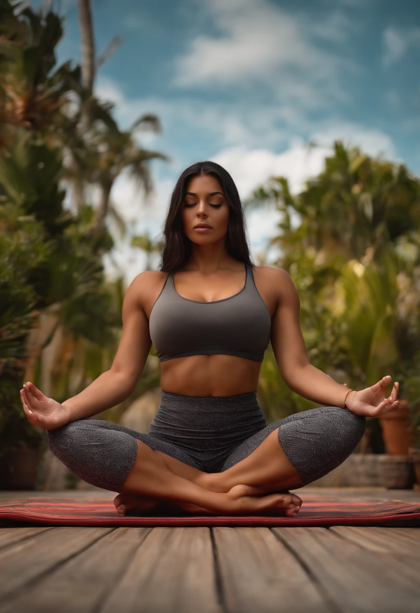 Woman in a yoga pose on a wooden deck - SeaArt AI