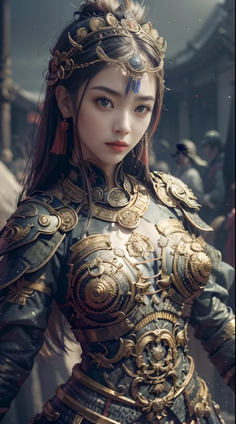 A Chinese sinister girl, seven-doppelganger shot, (Oriental Ancient Battlefield: 1.2), (weapon in hand: 1.2), vampire fangs, ext...