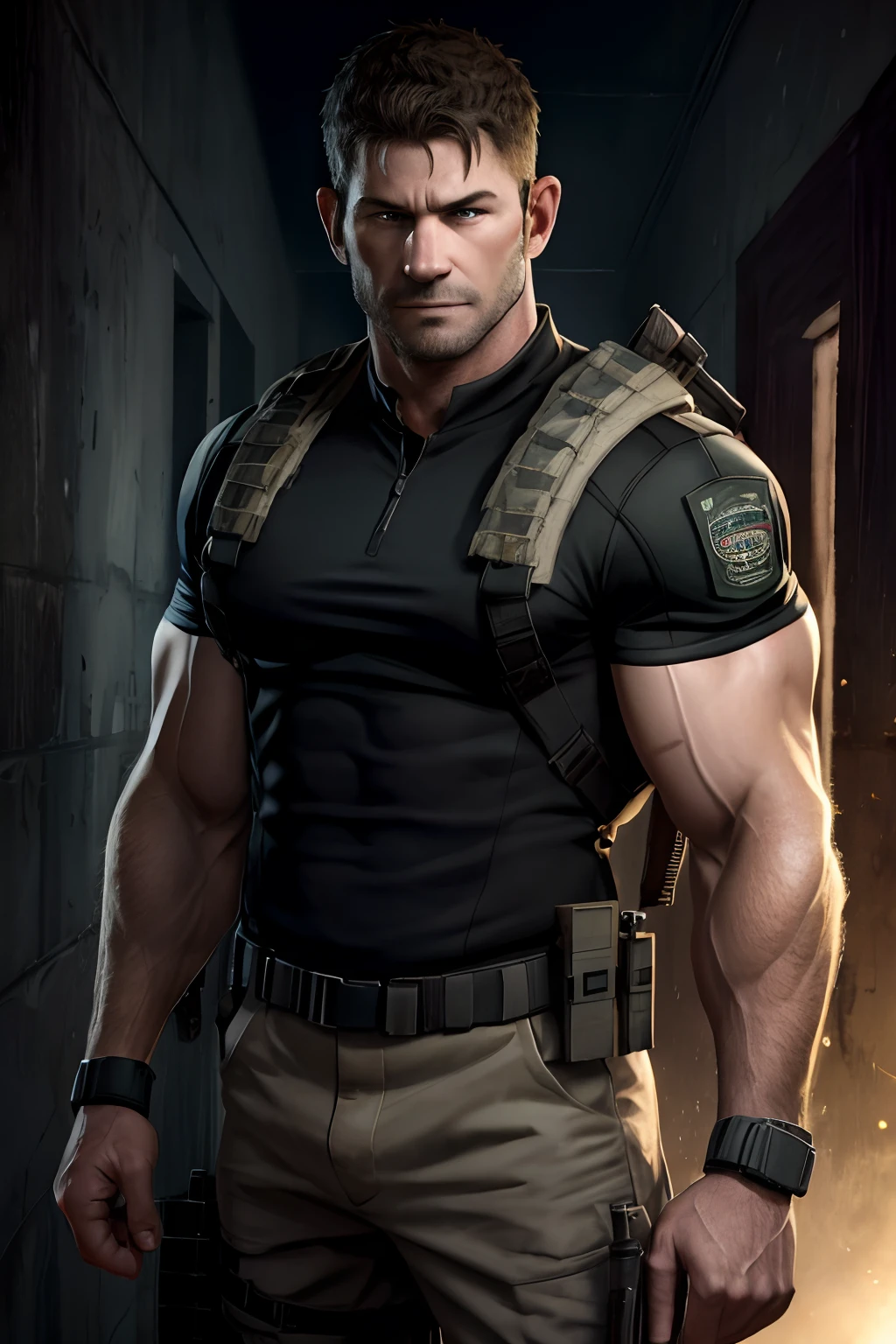 1 man, solo, 55 years old, Chris Redfield, wearing military uniform, smirks, looking at the camera, black color on the shoulder and a bsaa logo on the shoulder, military tactical suit, equipment, tall and hunk, biceps, abs, chest, best quality, masterpiece, high resolution:1.2, upper body shot, dark black gloomy hallway with not background