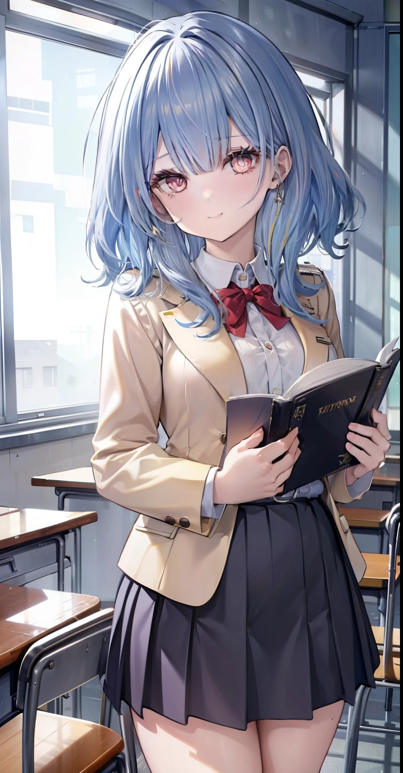 Anime girl with blue hair and glasses holding a book in a classroom -  SeaArt AI