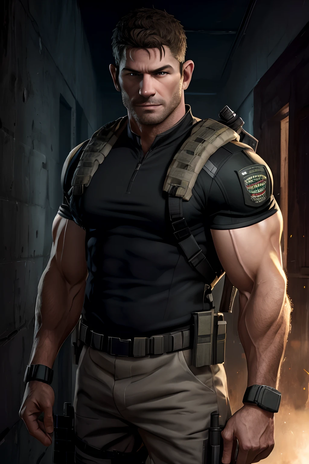 1 man, solo, 55 years old, Chris Redfield, smirks, looking at the camera, black color on the shoulder and a bsaa logo on the shoulder, wearing military uniform suit, equipment, tall and hunk, biceps, abs, chest, best quality, masterpiece, high resolution:1.2, upper body shot,