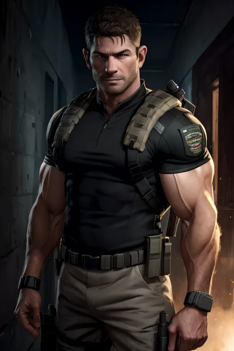 1 man, solo, 55 years old, Chris Redfield, smirks, looking at the camera, black color on the shoulder and a bsaa logo on the sho...
