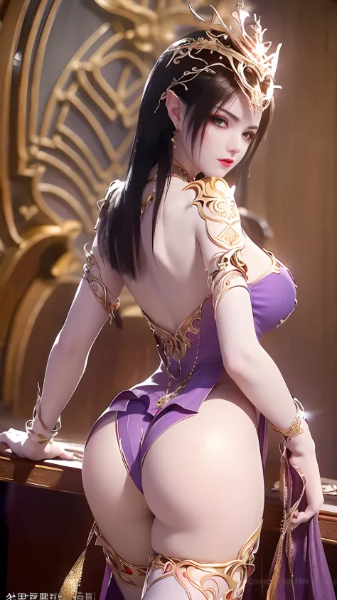 Arapefi, Purple princess dress， back to look back， wearing high heels，Place your hands on your chest，Wear a crown，choker necklace，Watching from behind，Close up from behind，next to a window, In the castle, Sense of transparency，（oversized boobs，1.5），Expose ...