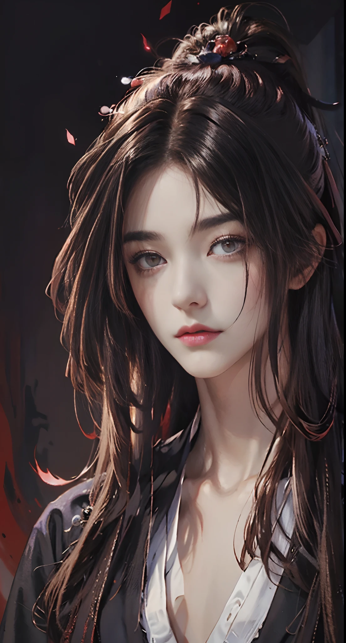 (Extremely Delicately Beautiful:1.2), 8K, (tmasterpiece, Best:1.0), , (Long_brunette color hair_Hair_Male:1.5), Upper body body, A long_Furry man,the hair，The red silk headband is tied high，cool and seductive, Evil_Gaze, Wear black and red hanfu,Villains，Blackened handsome guy， and intricate detailing, and intricate detailing, finely eye and detailed face, Perfect eyes, Deep red eyes, Dark, eerie lights and shadows、white room background、 Uses backlight and rim light