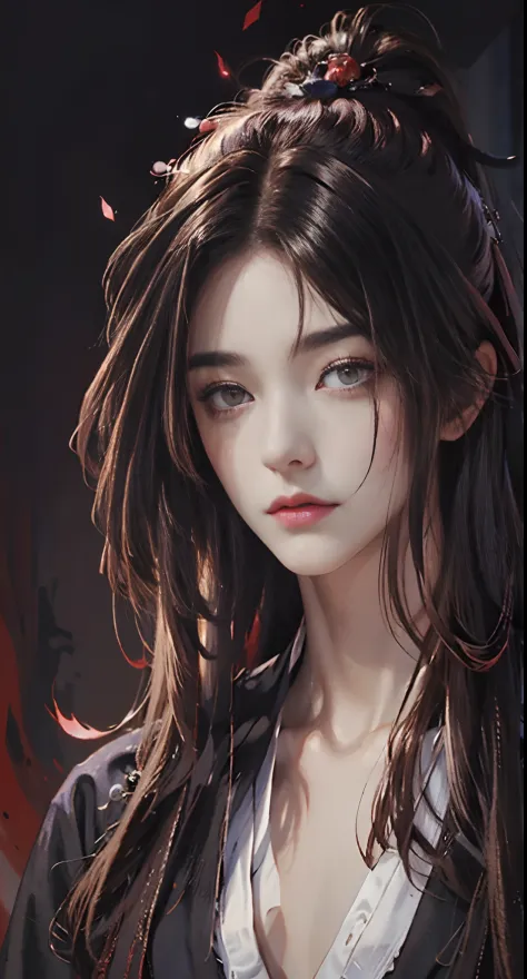 (Extremely Delicately Beautiful:1.2), 8K, (tmasterpiece, Best:1.0), , (Long_brunette color hair_Hair_Male:1.5), Upper body body, A long_Furry man,the hair，The red silk headband is tied high，cool and seductive, Evil_Gaze, Wear black and red hanfu,Villains，B...