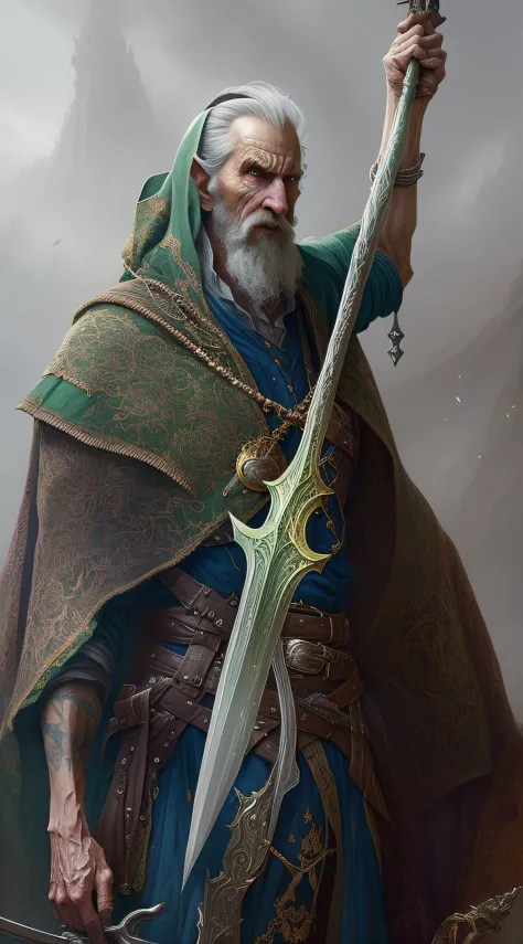 arafed man with a sword and a green cape holding a sword, old male archmage, tuomas korpi and wlop, half-elf time wizard, tolkien and michael komarck, old male warlock, hyperdetailed fantasy character, by Ludwik Konarzewski Jr, moebius and mohrbacher, beep...