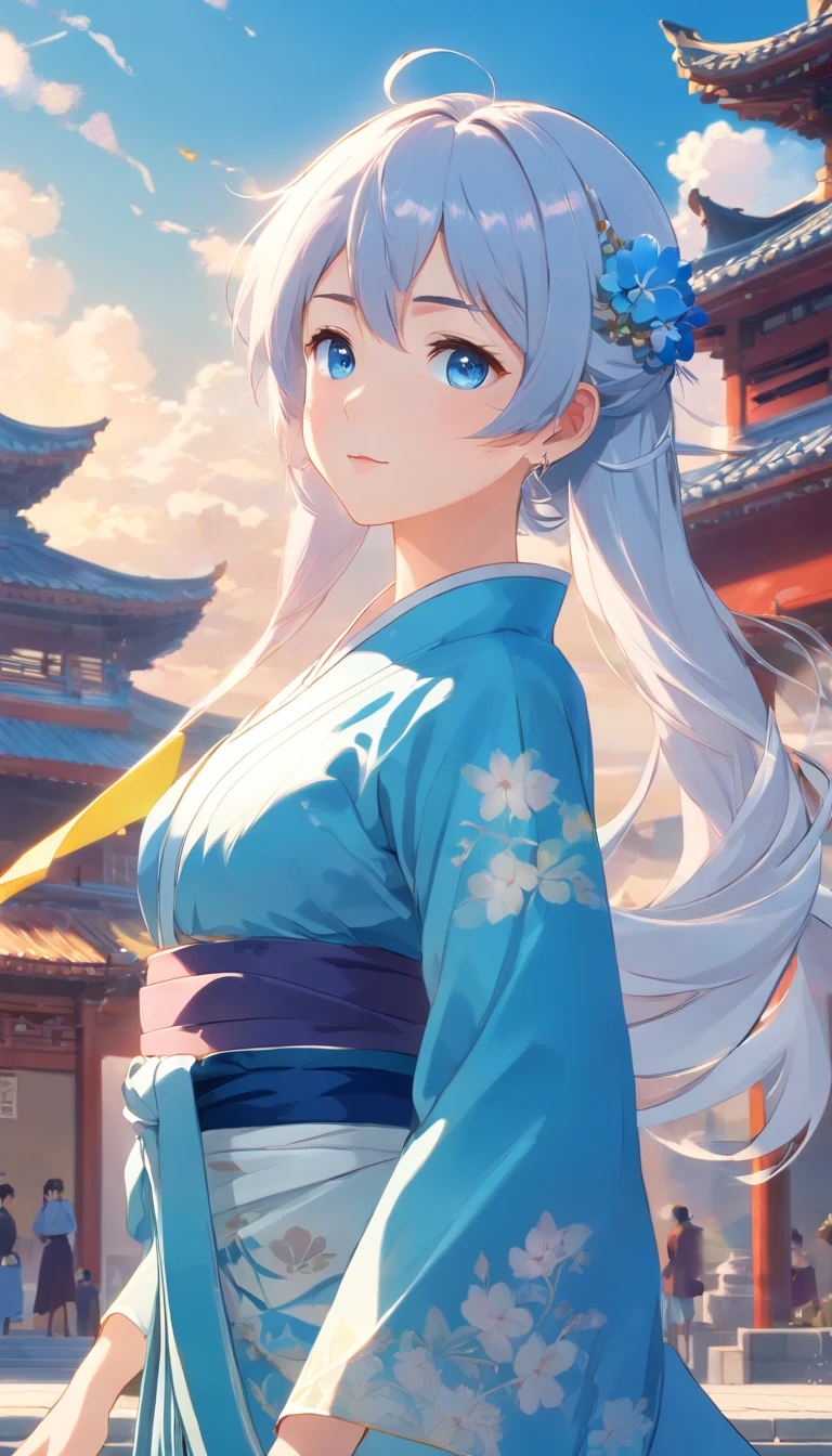 Mature girl, blue eyes, blue-white hair color, floating hair, delicate and flexible eyes, intricate damask Hanfu, gorgeous accessories, wearing pearl earrings, FOV, f/1.8, masterpiece, ancient Chinese architecture, blue sky, flower petals flying, front portrait shot, Chang'e, side lighting, sunlight on people, 8K