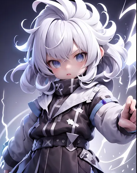 1girll，
A close-up of a very high white-haired, blue-eyed man, purple and blue background full of lightning, 8K animation, epic animation of a man with lightning ability, epic animation style, threatening aura, brilliant power aura, a lot of lightning arou...
