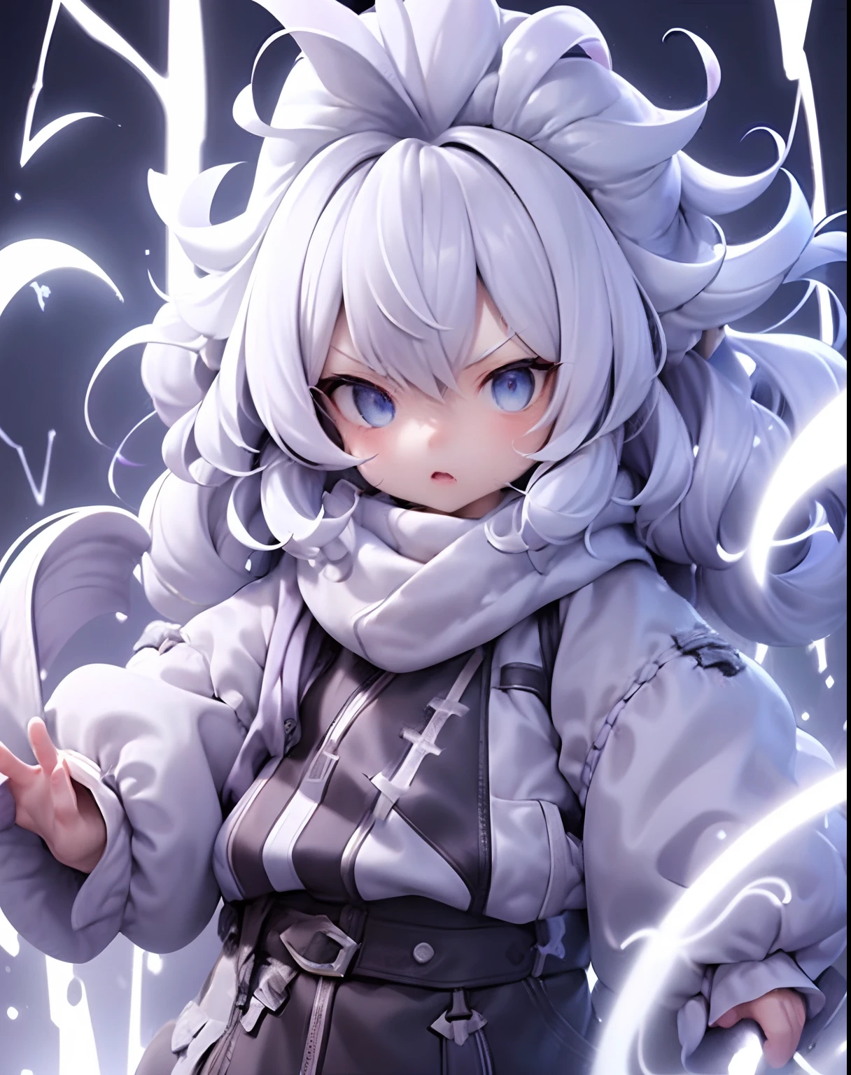 1girll，
A close-up of a very high white-haired, blue-eyed man, purple and blue background full of lightning, 8K animation, epic animation of a man with lightning ability, epic animation style, threatening aura, brilliant power aura, a lot of lightning around the character