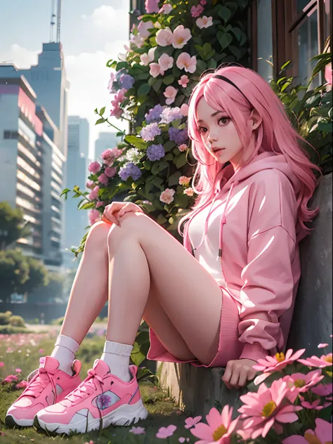 nankotobuki \ (shinobi no ko \), short pink hoodie, realistic, 3d, open clothes, flower garden, one girl with long pink hair sit...