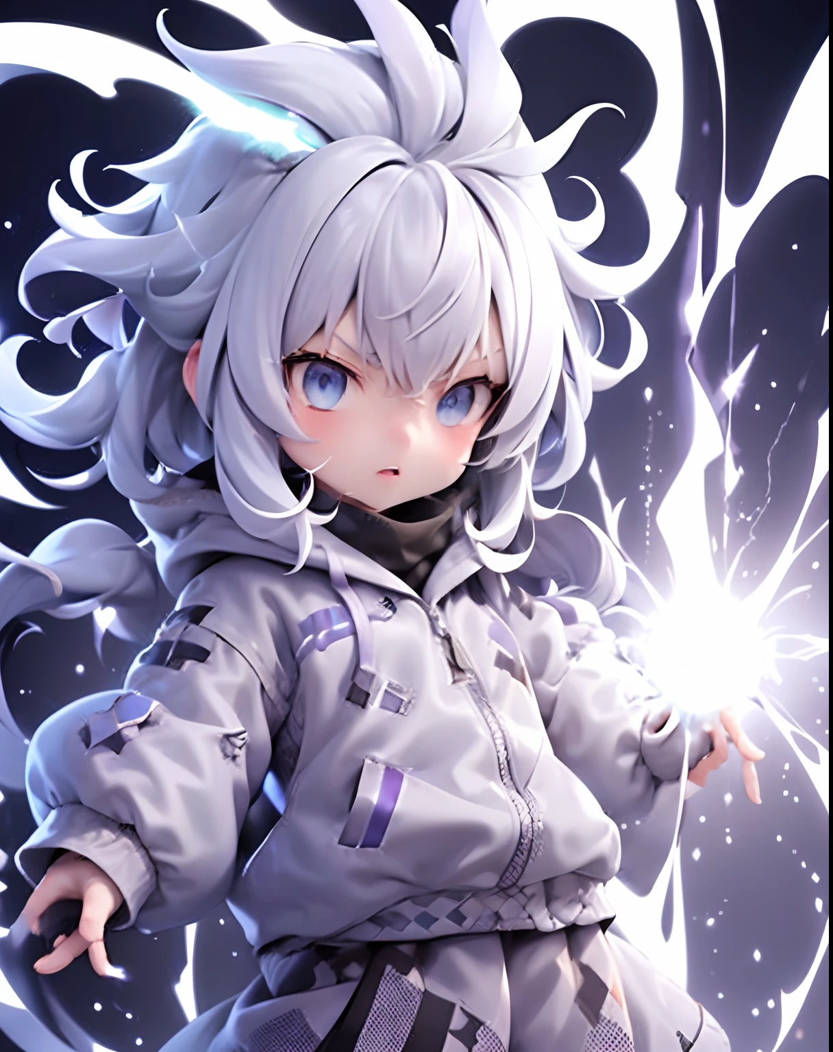 1girll，
A close-up of a very high white-haired, blue-eyed man, purple and blue background full of lightning, 8K animation, epic animation of a man with lightning ability, epic animation style, threatening aura, brilliant power aura, a lot of lightning around the character