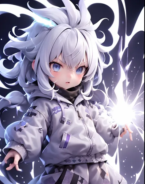 1girll，
A close-up of a very high white-haired, blue-eyed man, purple and blue background full of lightning, 8K animation, epic animation of a man with lightning ability, epic animation style, threatening aura, brilliant power aura, a lot of lightning arou...