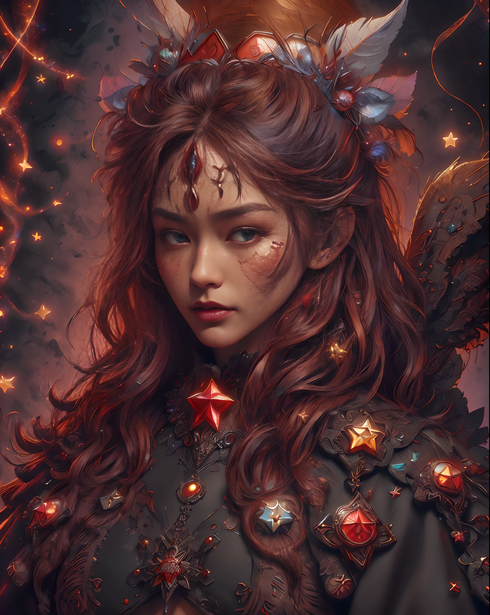 ((extreme detail)),(ultra-detailed), extremely detailed CG unity 8k wallpaper, velvet, figurine, red hood, crop top, star headdress, puffy sleeves, lips, looking away, close-up, head turn, black background