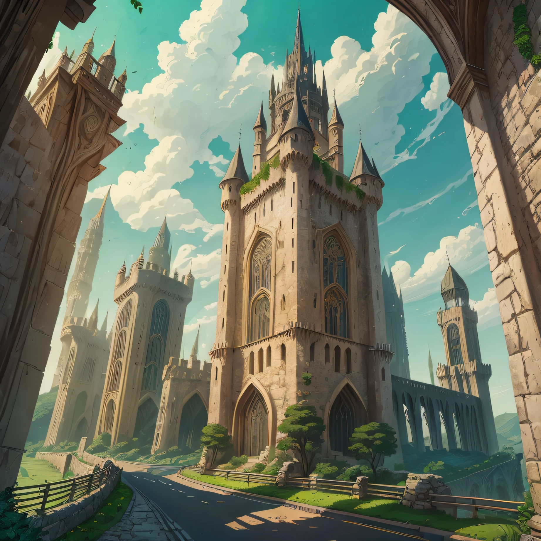 a city, camelot city surrounded by high, lush green valley, (Masterpiece:1.2), (Best Quality), Detailed, UHD, sharp focus, (illustration:1.1) thick walls made of white stone. The walls are topped with towers and battlements, see the tower at the end of the road