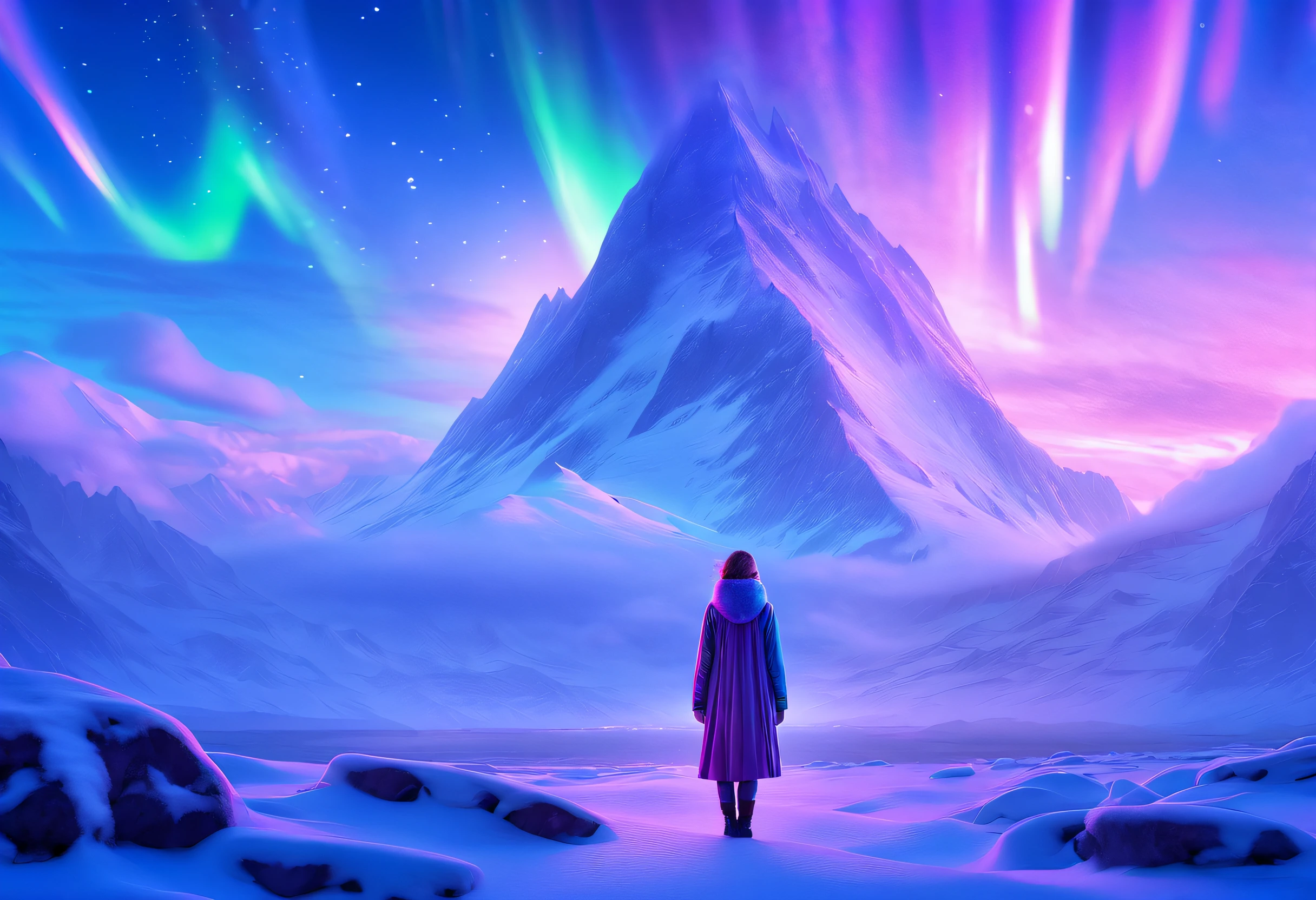 Model shooting style, (extremely detailed 8k cg wallpape),extreme light，1girll，Stand under the iceberg，Admire the beautiful Northern Lights，Personachi Cyberpunk [Snow-capped mountain landscape with fog：Transparent ethereal girl，snow mountains：0.33] Immerse yourself in the beautiful aurora，Live in the clouds of the starry sky，Behind the clouds，（Doubleexposure：1.3），The face blends in with the aurora，Snow-capped mountains are superimposed，Multiple elements blend the image，photography of：Brandon Woelfelmist，Surreal dreams，Gray atmosphere，Rainy days，dyna，lute，hdr，hyperrealistic fantasy art，Epic digital fantasy art style，Beautiful sci-fi art, Science-fi digital art illustration,science fiction digital painting, futuristic digital painting, futuristic concept art, In front of a snow-capped sci-fi mountain landscape, science fiction digital art, Fantastic transparent ethereal girl