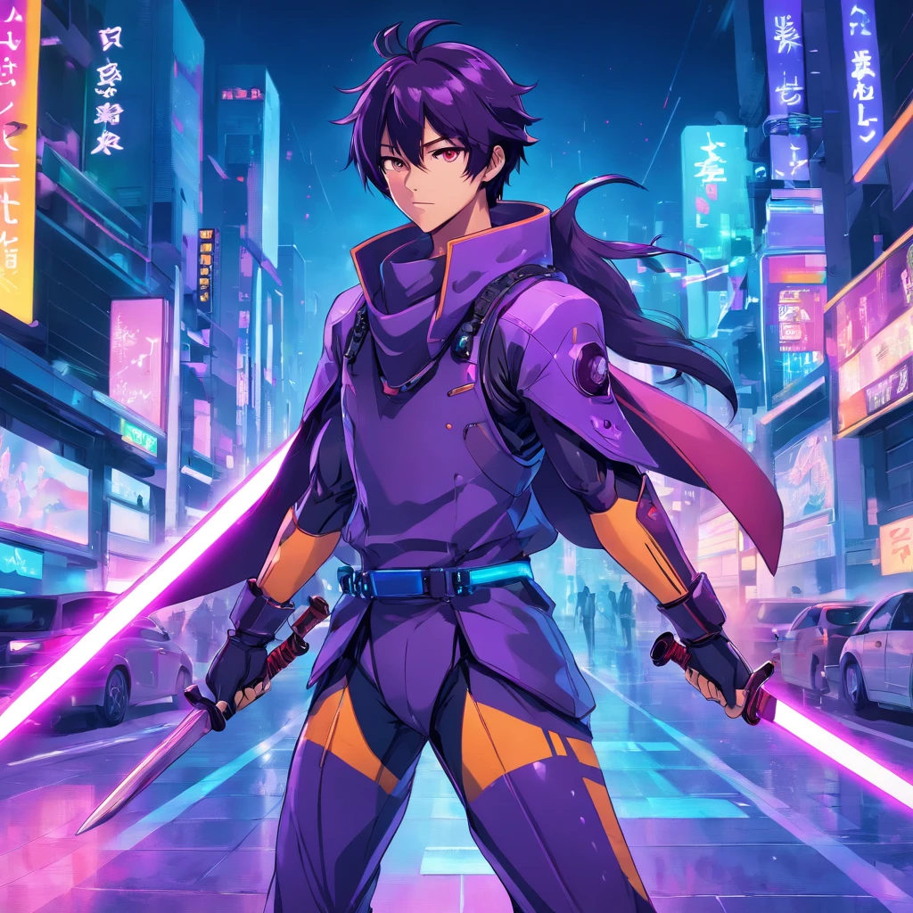 imagine (male) cyber samurai, detailed 2d vector anime, potrait cyber ninja white and purple, futuristic neon cyberpunk suit, using futuristic helmet faceless, (weapon) 2 sword on his back, stunning artwork, shimmering shadows, strong colors, cyberpunk concept with neon effect, black hair, green eyes, cyberpunk background with purple and blue lights