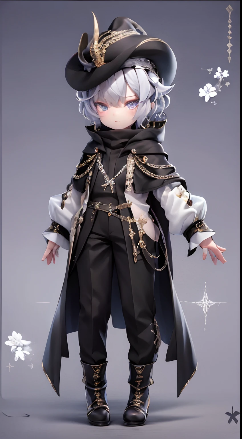（An extremely delicate and beautiful work），（tmasterpiece），Character edge light，super-fine，best qualityenedetail，Clear details，Wireless details，high light，Impeccable，Highest rendering，Handsome little boy，Short curly hair of purple-blue and silver，Silver-blue ombre eyes，Black gold lace shrine girly hat，White color blouse，a black cloak，trimmed with a white stripe，Black trousers with gold trim，Wear yours with white bloomers，White boots，Trimmed with gold