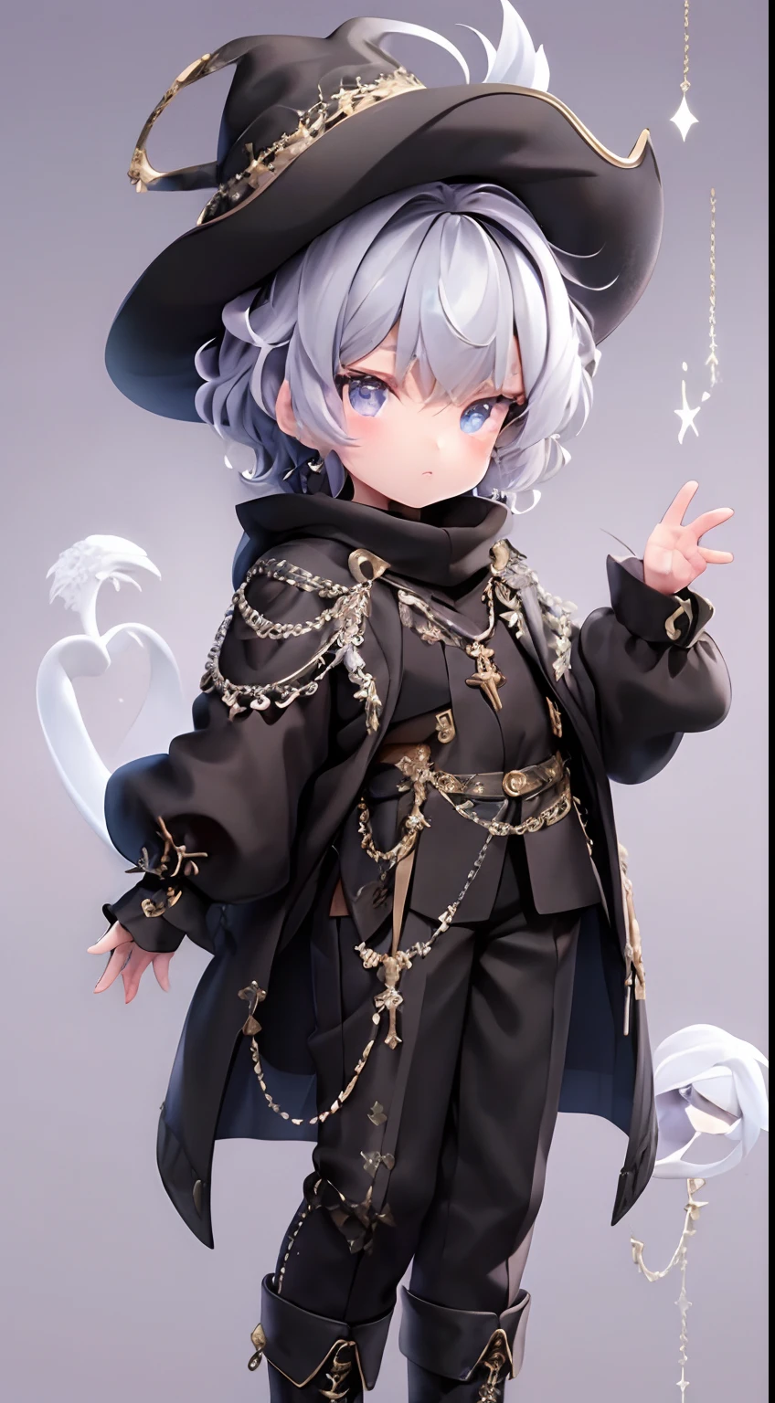 （An extremely delicate and beautiful work），（tmasterpiece），Character edge light，super-fine，best qualityenedetail，Clear details，Wireless details，high light，Impeccable，Highest rendering，Handsome little boy，Short curly hair of purple-blue and silver，Silver-blue ombre eyes，Black gold lace shrine girly hat，White color blouse，a black cloak，trimmed with a white stripe，Black trousers with gold trim，Wear yours with white bloomers，White boots，Trimmed with gold