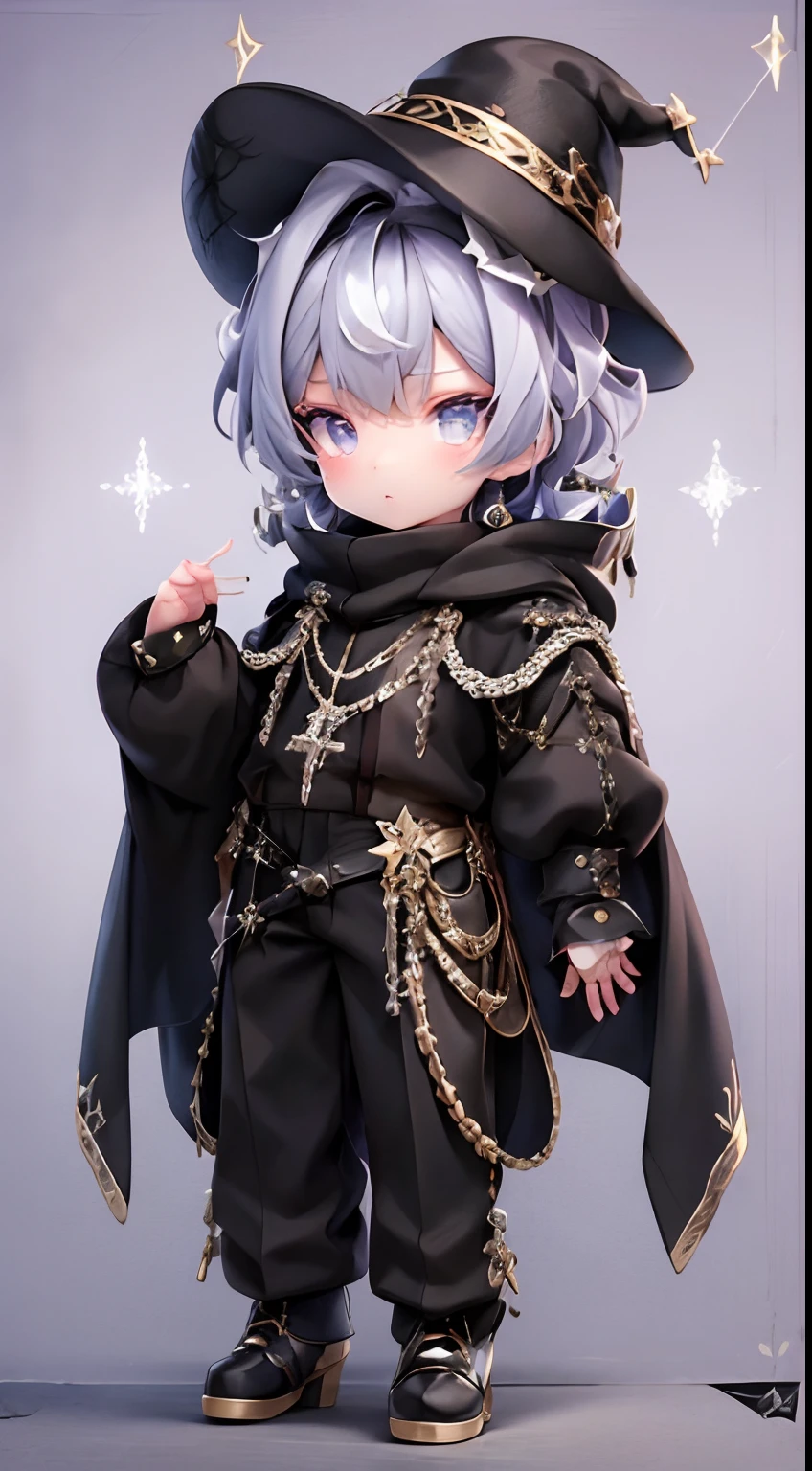 （An extremely delicate and beautiful work），（tmasterpiece），Character edge light，super-fine，best qualityer，finedetail，Clear details，Wireless details，high light，Impeccable，Highest rendering，Handsome little boy，Short curly hair of purple-blue and silver，Silver-blue ombre eyes，Black gold lace shrine girly hat，White color blouse，a black cloak，trimmed with a white stripe，Black trousers with gold trim，Wear yours with white bloomers，White boots，Trimmed with gold