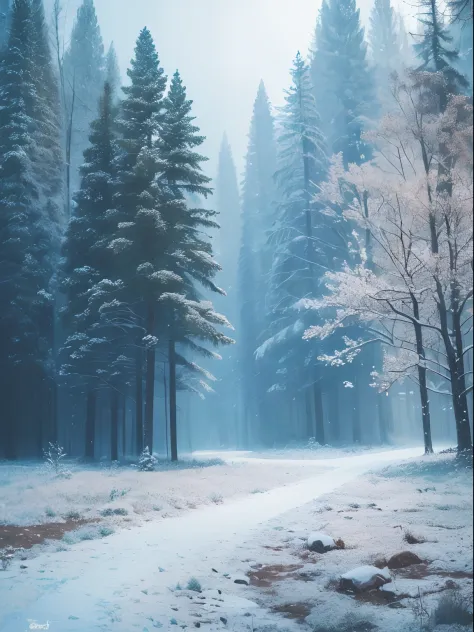 In a late autumn scene, I want to paint a forest with a perspective effect. The painting should depict the bare branches of the trees, with a thin layer of snow covering the ground. As the scene unfolds, a light snowfall adds to the serene atmosphere. To c...