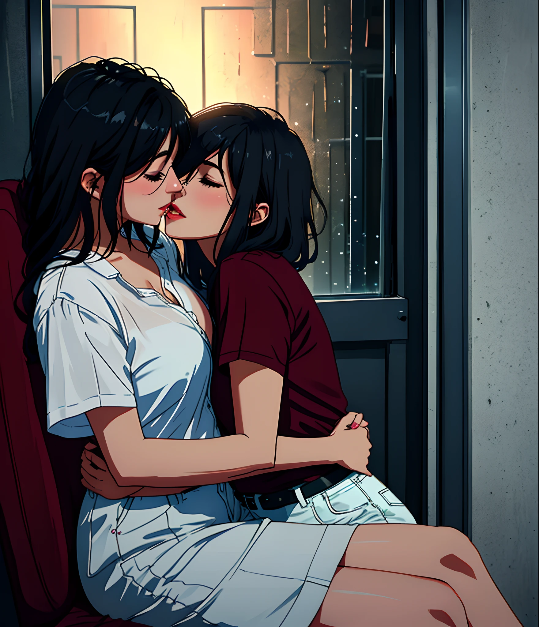 Anime couple kissing on train seat in front of window - SeaArt AI