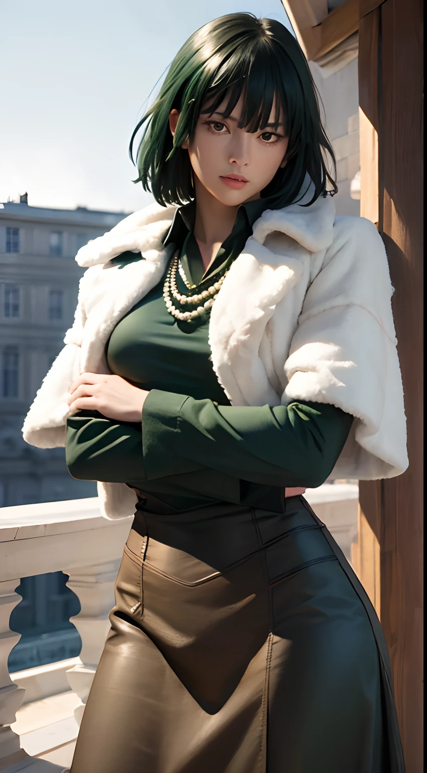 (masterpiece, best quality:1.2), cowboy shot, solo, 1girl, fubuki, expressionless, crossed arms, green hair, taut clothes, fur coat, lots of pearl necklace