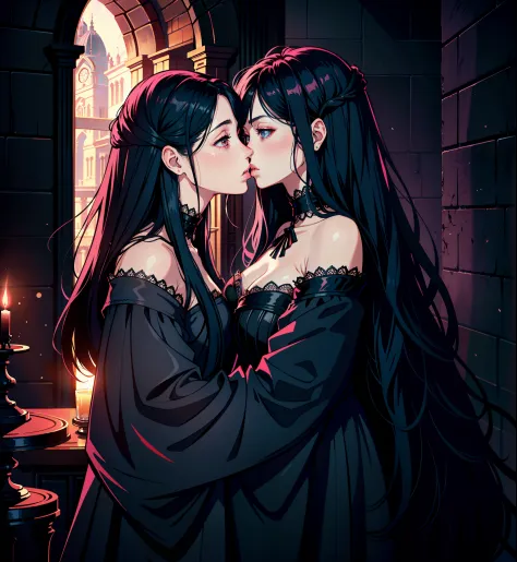 adesivo, fundo simples, portrait, 2 girls, couple, kissing, girl with long hair, beautiful gothic girl, gothic aesthetic, beauti...