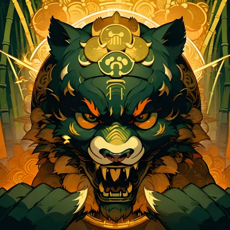 a cosup, a fierce panda's face opens its mouth and roars. color vector illustration fhd,uhd,18k,((bamboo forest thrashing in the...