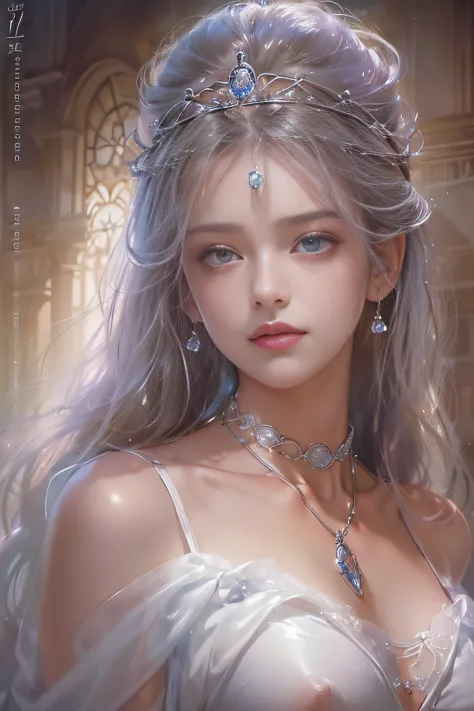 ((tmasterpiece:1.4)、(top-quality:1.4)、(reallistic:1.7))、By Luis Royo（By Luis Royo）Surreal portrait of a beautiful girl、Super beautiful girl、((1girl in:1.4))、Shiny natural skin texture、(The Queen's Gorgeous Costume)、(Off-the-shoulder white one-piece mini sk...