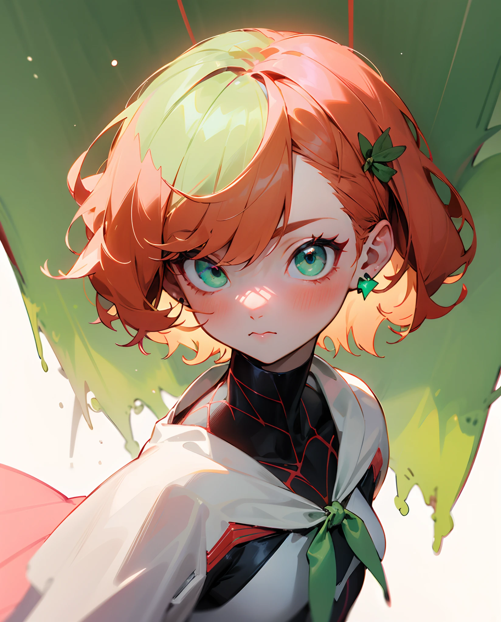 Anime girl with red hair and green eyes standing in front of a leaf -  SeaArt AI