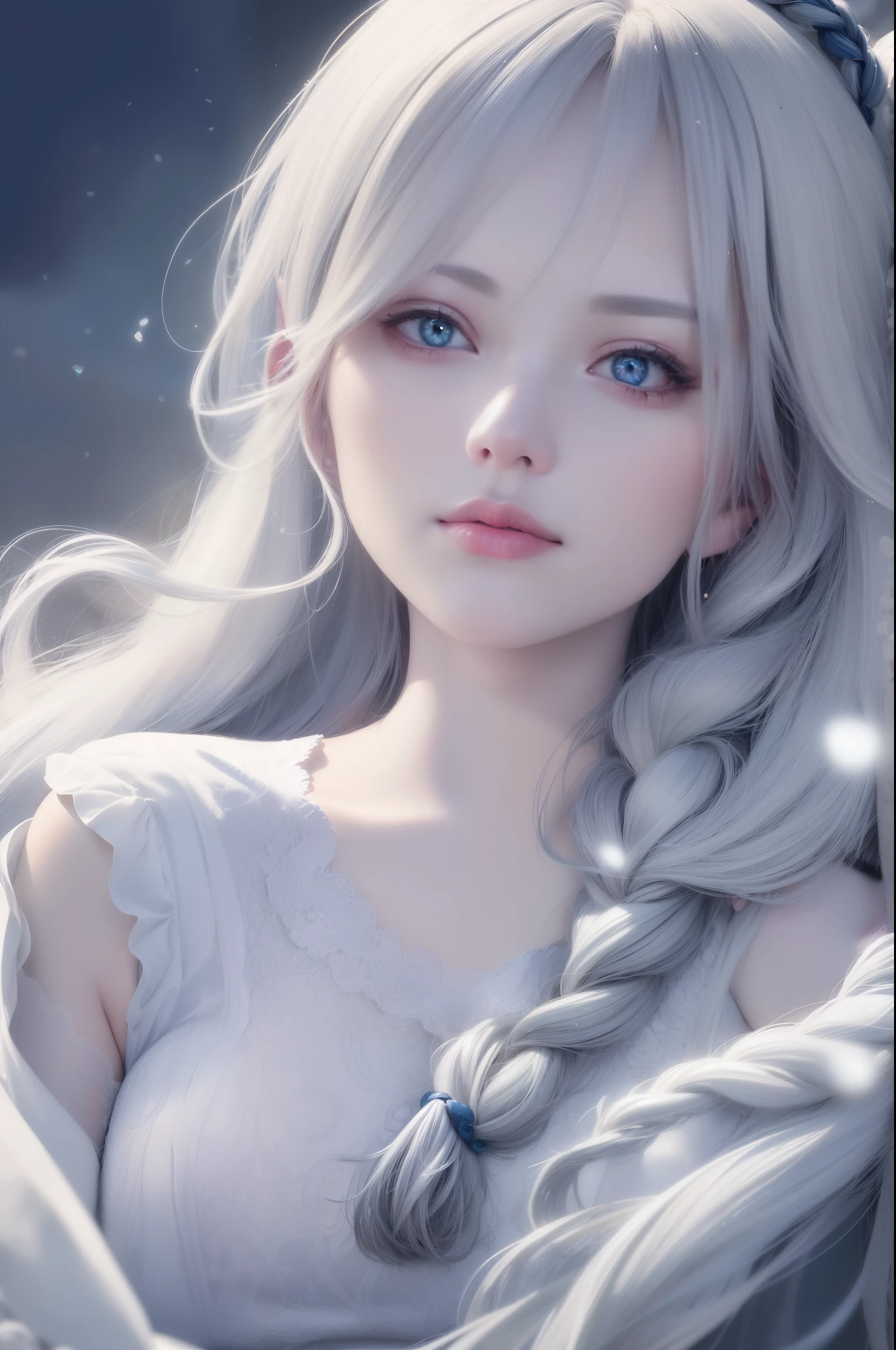 (highres:1.2),(best quality,ultra-detailed,realistic:1.37),(portrait,traditional portrait),(gray hair,blue hair),(golden shimmering eyes),(flowing white garments),(gazing at the sky),(upper body or full body),(hair flowing like a waterfall),(snow-white skin),(elegant side braid)