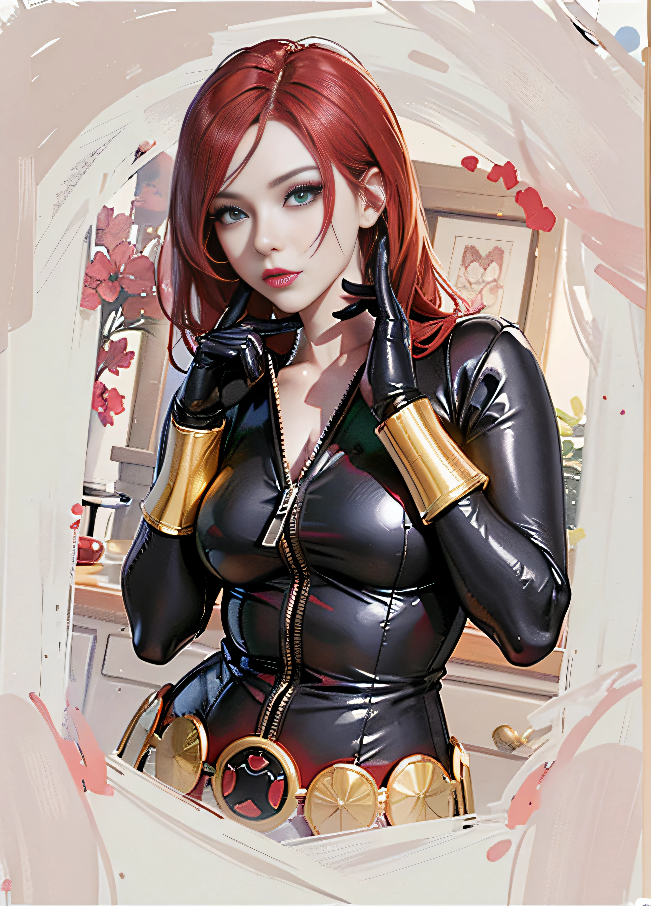 eine digitale Illustration von Black Widow, eine Figur aus Marvel Comics. Sie wird mit leuchtend roten Haaren und einem ernsten Gesichtsausdruck dargestellt, Beides sind charakteristische Merkmale des Charakters. Sie trägt einen hautengen, glänzenden schwarzen Latex-Lederanzug, verziert mit goldenen Akzenten. Ihr heller Glanz, Grüne Augen verleihen dem Gesamtbild einen auffälligen Kontrast. Die Figur trägt goldene Handgelenkschützer an den Unterarmen und einen Gürtel mit roten X-Symbolen darauf. Der Hintergrund der Illustration ist ein einfarbiges Aquarellrosa.